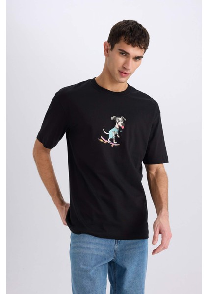 %100 Pamuk Boxy Fit Bisiklet Yaka Baskılı Kısa Kollu Tişört D7354AX25SP