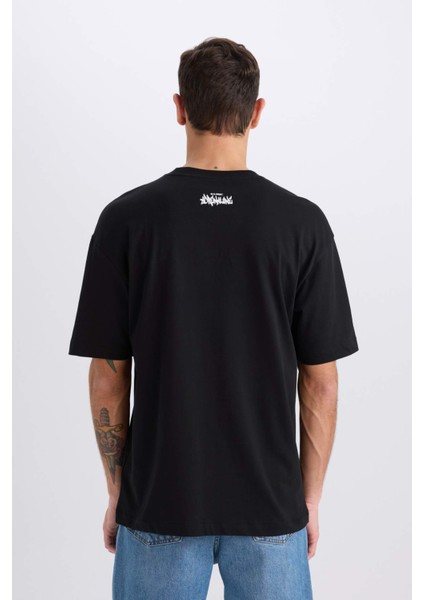 %100 Pamuk Boxy Fit Bisiklet Yaka Baskılı Kısa Kollu Tişört D7354AX25SP