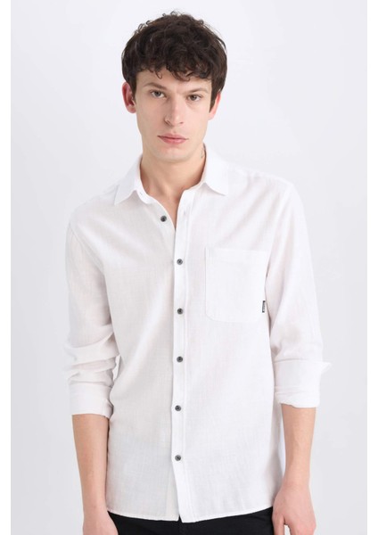 %100 Pamuk Regular Fit Basic Düz Uzun Kollu Beyaz Gömlek D7079AX25SP