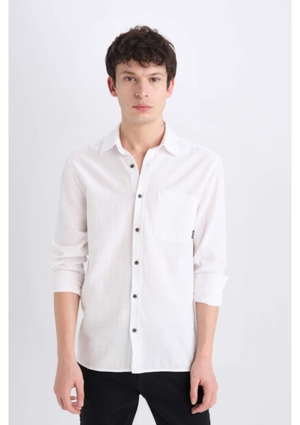 %100 Pamuk Regular Fit Basic Düz Uzun Kollu Beyaz Gömlek D7079AX25SP