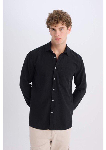 %100 Pamuk Regular Fit Basic Düz Uzun Kollu Siyah Gömlek D7079AX25SP