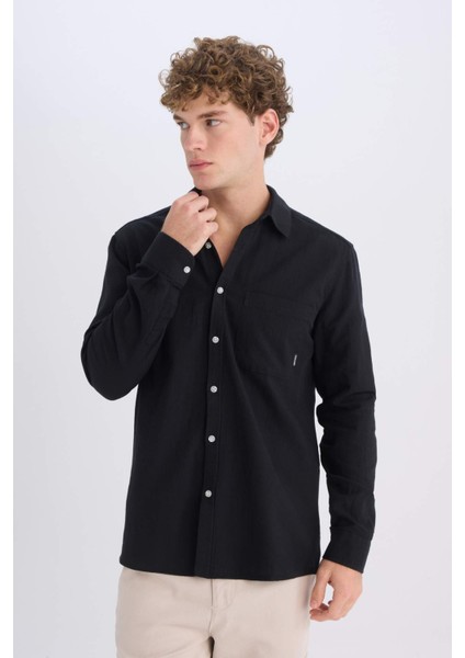 %100 Pamuk Regular Fit Basic Düz Uzun Kollu Siyah Gömlek D7079AX25SP