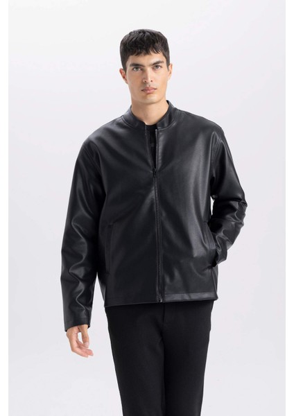 Su İtici Slim Fit Dar Kesim Dik Yaka Fermuarlı Suni Der Ceket Mont D8525AX25SP