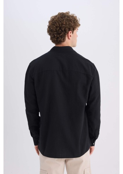 %100 Pamuk Regular Fit Basic Düz Uzun Kollu Siyah Gömlek D7079AX25SP