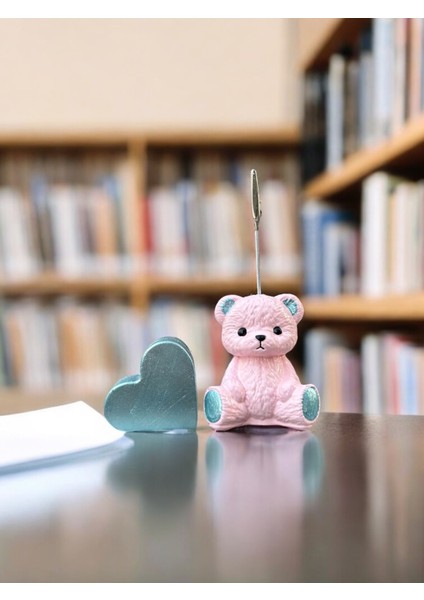 Pembe Ayıcık ve Kalpli Kart Tutucu Fotoğraf Not Tutucu Ofis Masası Tutacak Hediyelik