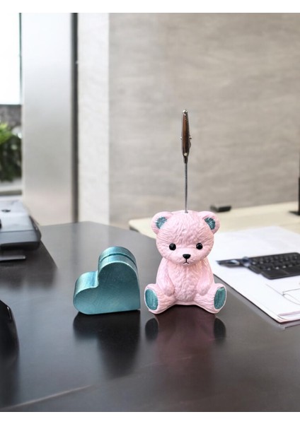 Pembe Ayıcık ve Kalpli Kart Tutucu Fotoğraf Not Tutucu Ofis Masası Tutacak Hediyelik fırsatları