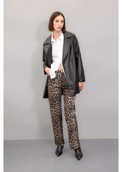 Straight Fit Leopar Gabardin Palazzo Pantolon Yüksek Bel Cepli Uzun D1229AX24AU