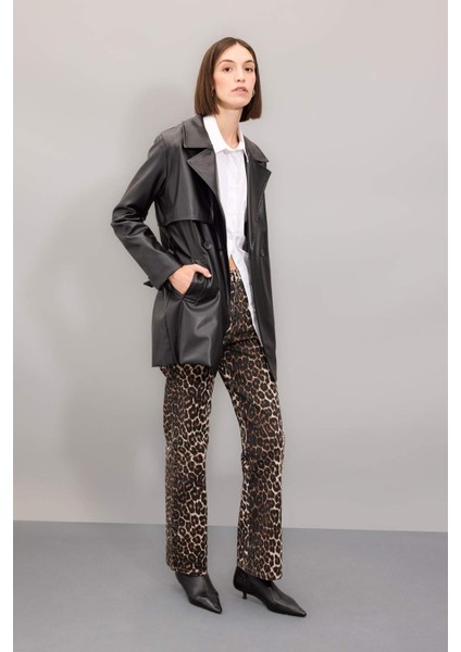 Straight Fit Leopar Gabardin Palazzo Pantolon Yüksek Bel Cepli Uzun D1229AX24AU