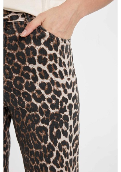 Straight Fit Leopar Gabardin Palazzo Pantolon Yüksek Bel Cepli Uzun D1229AX24AU