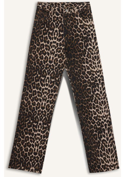 Straight Fit Leopar Gabardin Palazzo Pantolon Yüksek Bel Cepli Uzun D1229AX24AU