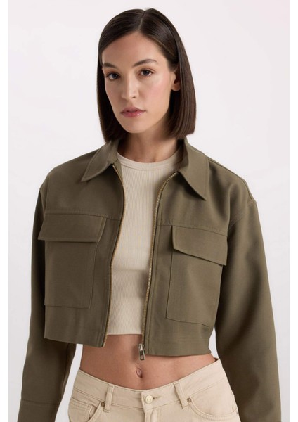 Crop Fermuarlı Çift Cepli Gabardin Uzun Kollu Gömlek Ceket D7513AX24AU