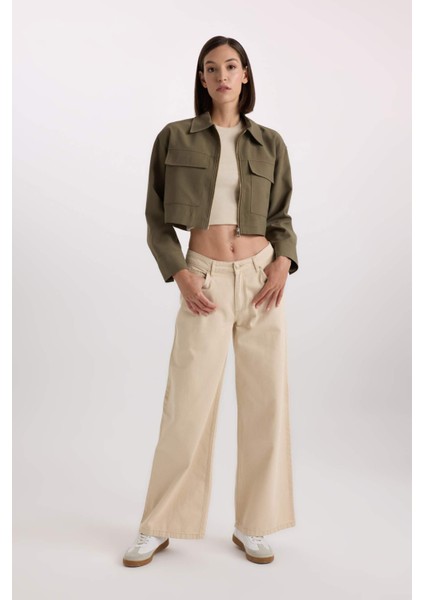 Crop Fermuarlı Çift Cepli Gabardin Uzun Kollu Gömlek Ceket D7513AX24AU