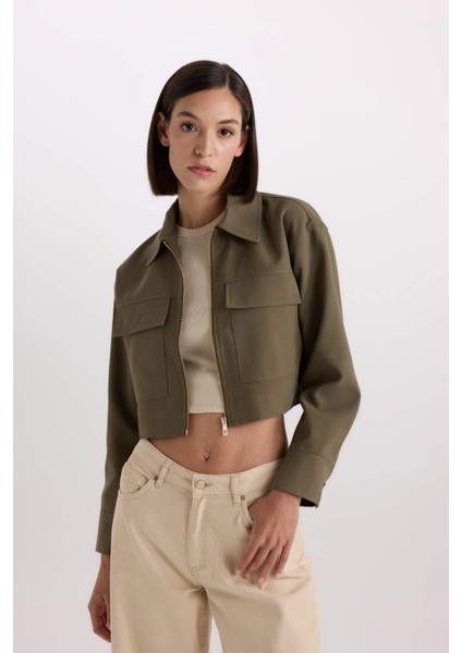 Crop Fermuarlı Çift Cepli Gabardin Uzun Kollu Gömlek Ceket D7513AX24AU