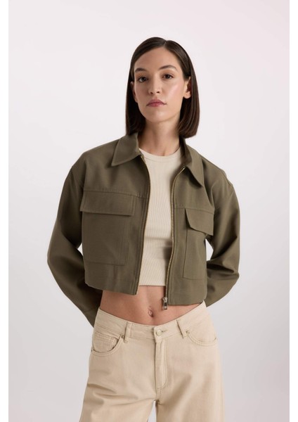 Crop Fermuarlı Çift Cepli Gabardin Uzun Kollu Gömlek Ceket D7513AX24AU