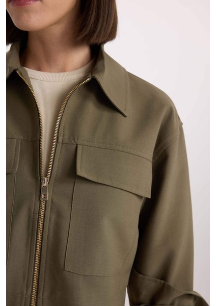 Crop Fermuarlı Çift Cepli Gabardin Uzun Kollu Gömlek Ceket D7513AX24AU