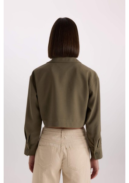 Crop Fermuarlı Çift Cepli Gabardin Uzun Kollu Gömlek Ceket D7513AX24AU