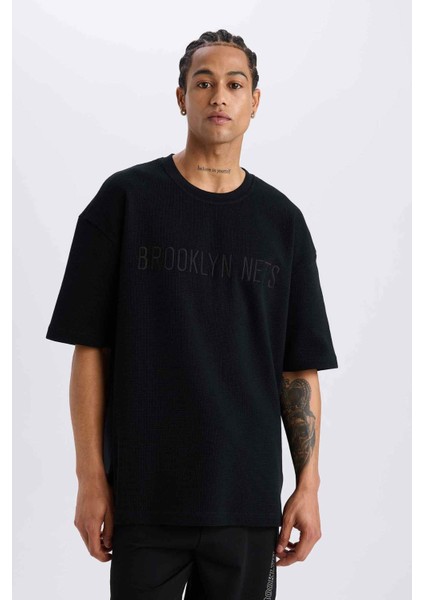 NBA Brooklyn Nets Oversize Geniş Kalıp Bisiklet Yaka Waffle Kısa Kollu Tişört D8504AX25SP