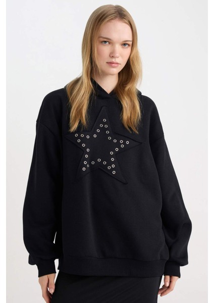 Coool Oversize Geniş Kalıp Yıldızlı Kalın Siyah Sweatshirt D8024AX24WN
