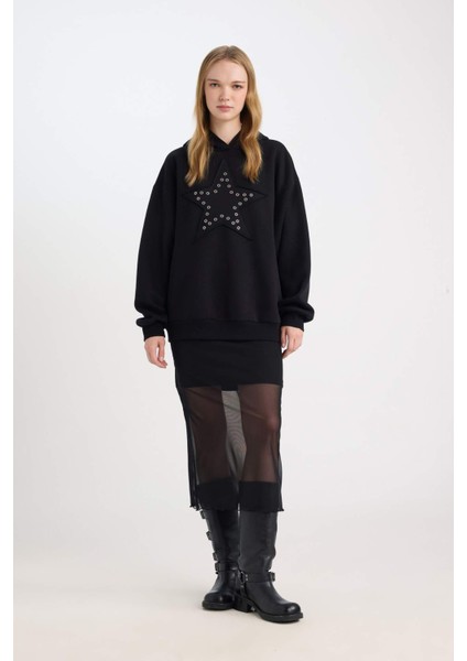 Coool Oversize Geniş Kalıp Yıldızlı Kalın Siyah Sweatshirt D8024AX24WN