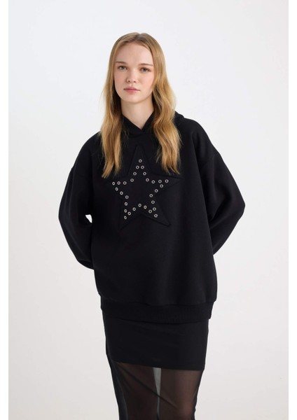 Coool Oversize Geniş Kalıp Yıldızlı Kalın Siyah Sweatshirt D8024AX24WN