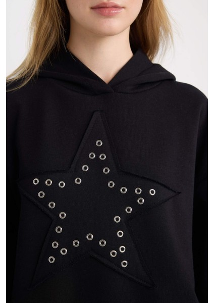 Coool Oversize Geniş Kalıp Yıldızlı Kalın Siyah Sweatshirt D8024AX24WN