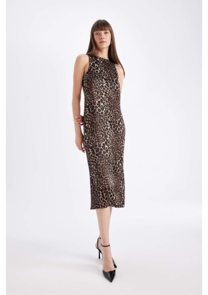 Yuvarlak Yaka Leopar Desenli Saten Kolsuz Midi Abiye Elbise D7593AX24AU