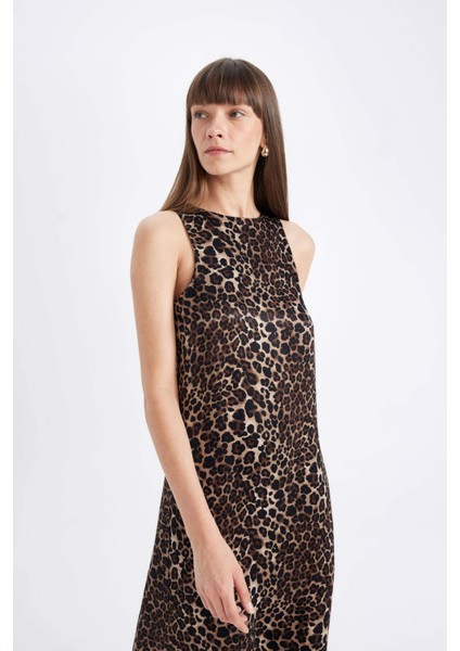 Yuvarlak Yaka Leopar Desenli Saten Kolsuz Midi Abiye Elbise D7593AX24AU