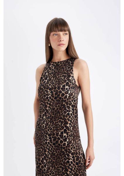 Yuvarlak Yaka Leopar Desenli Saten Kolsuz Midi Abiye Elbise D7593AX24AU