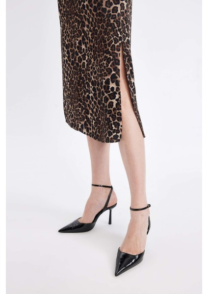 Yuvarlak Yaka Leopar Desenli Saten Kolsuz Midi Abiye Elbise D7593AX24AU