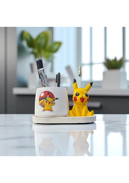Dekoratif Sevimli Pikachu Baskılı Kalemlik ve Pikachu Notluk Seti