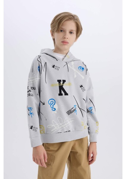 Erkek Çocuk Oversize Geniş Kalıp Kapüşonlu Desenli Sweatshirt D7118A824WN