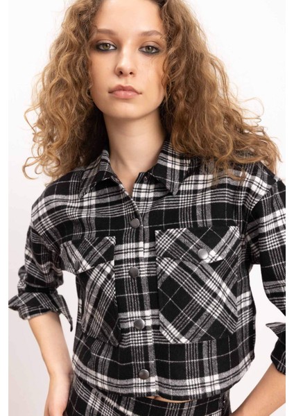 Coool Oversize Geniş Kalıp Crop Cepli Kalın Flanel Uzun Kollu Ceket Gömlek D7914AX24AU