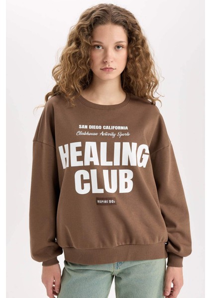 Loose Fit Bisiklet Yaka Baskılı Kalın Sweatshirt D8528AX24WN