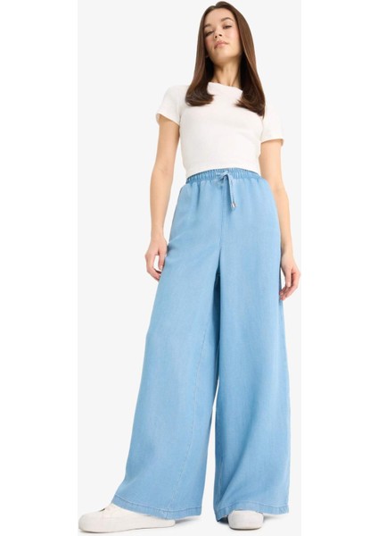 Yüksek Bel Uzun Tensel Yıkamalı Pantolon