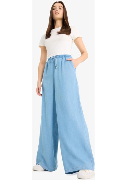 Yüksek Bel Uzun Tensel Yıkamalı Pantolon