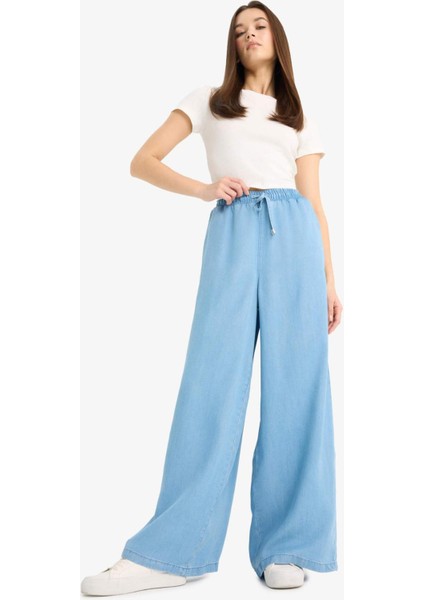 Yüksek Bel Uzun Tensel Yıkamalı Pantolon
