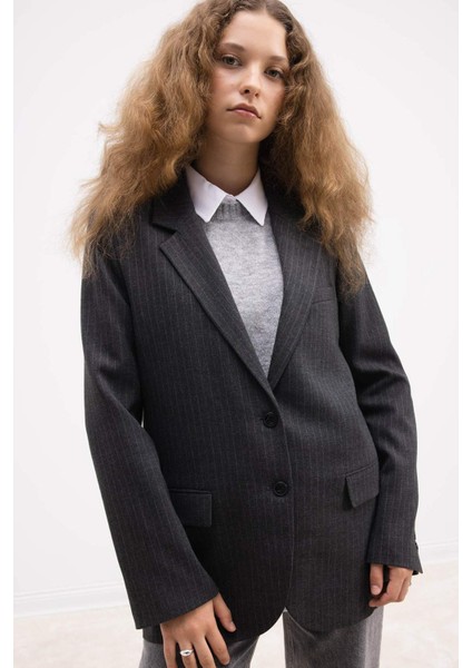 Oversize Geniş Kalıp Ceket Yaka Düğmeli Çizgili Blazer Ceket D6879Ax24Au