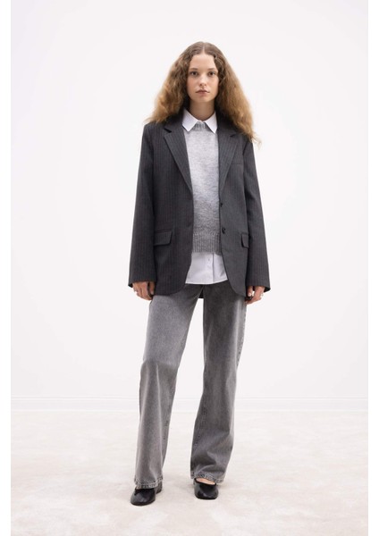 Oversize Geniş Kalıp Ceket Yaka Düğmeli Çizgili Blazer Ceket D6879Ax24Au