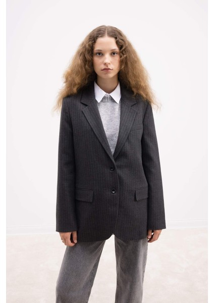 Oversize Geniş Kalıp Ceket Yaka Düğmeli Çizgili Blazer Ceket D6879Ax24Au
