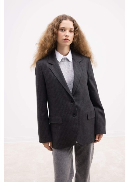 Oversize Geniş Kalıp Ceket Yaka Düğmeli Çizgili Blazer Ceket D6879Ax24Au