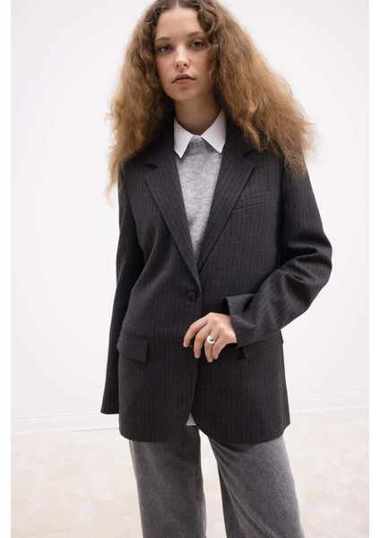 Oversize Geniş Kalıp Ceket Yaka Düğmeli Çizgili Blazer Ceket D6879Ax24Au