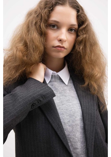 Oversize Geniş Kalıp Ceket Yaka Düğmeli Çizgili Blazer Ceket D6879Ax24Au