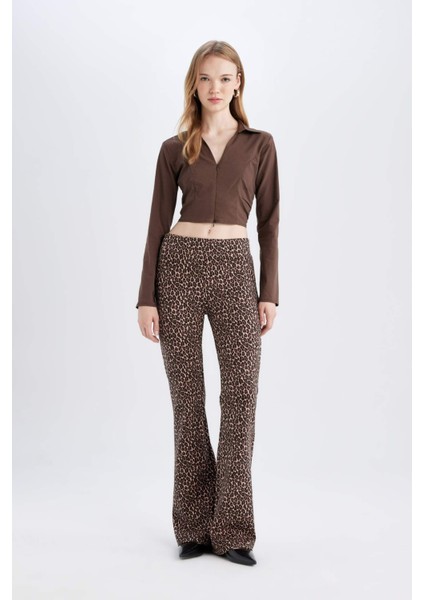 Fitted Vücuda Oturan Gömlek Yaka Fermuarlı Bengalin Uzun Kollu Crop Basic Düz Bluz C5037AX24AU