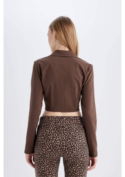 Fitted Vücuda Oturan Gömlek Yaka Fermuarlı Bengalin Uzun Kollu Crop Basic Düz Bluz C5037AX24AU