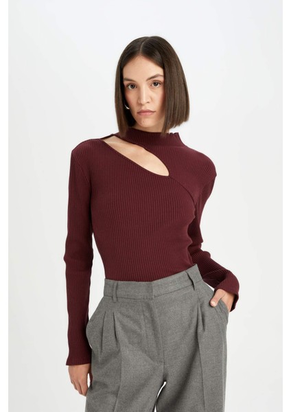 Slim Fit Dar Kesim Yarım Balıkçı Yaka Basic Düz Fitilli Kaşkorse Uzun Kollu Tişört C8473AX24AU