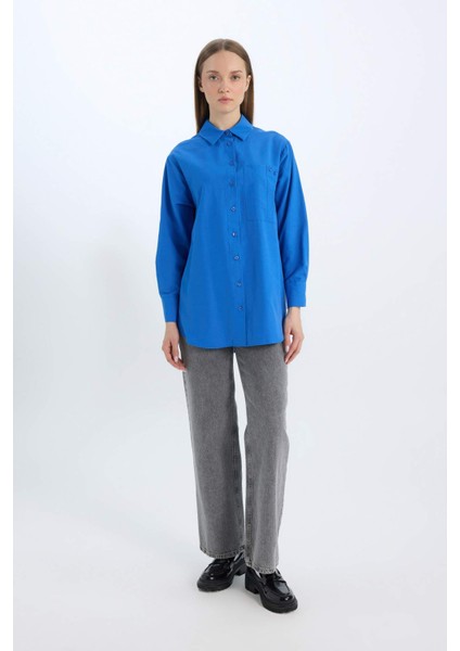 Relax Fit Poplin Basic Düz Uzun Kollu Gömlek Tunik D7342AX25SP
