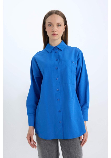 Relax Fit Poplin Basic Düz Uzun Kollu Gömlek Tunik D7342AX25SP