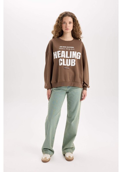 Loose Fit Bisiklet Yaka Baskılı Kalın Sweatshirt D8528AX24WN