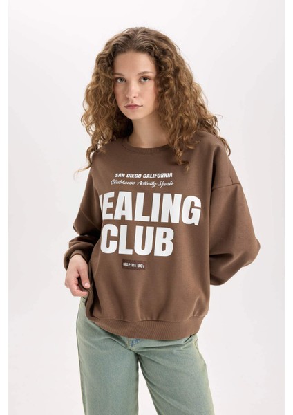 Loose Fit Bisiklet Yaka Baskılı Kalın Sweatshirt D8528AX24WN