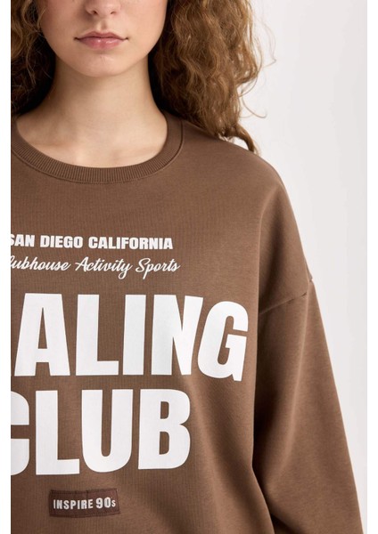 Loose Fit Bisiklet Yaka Baskılı Kalın Sweatshirt D8528AX24WN